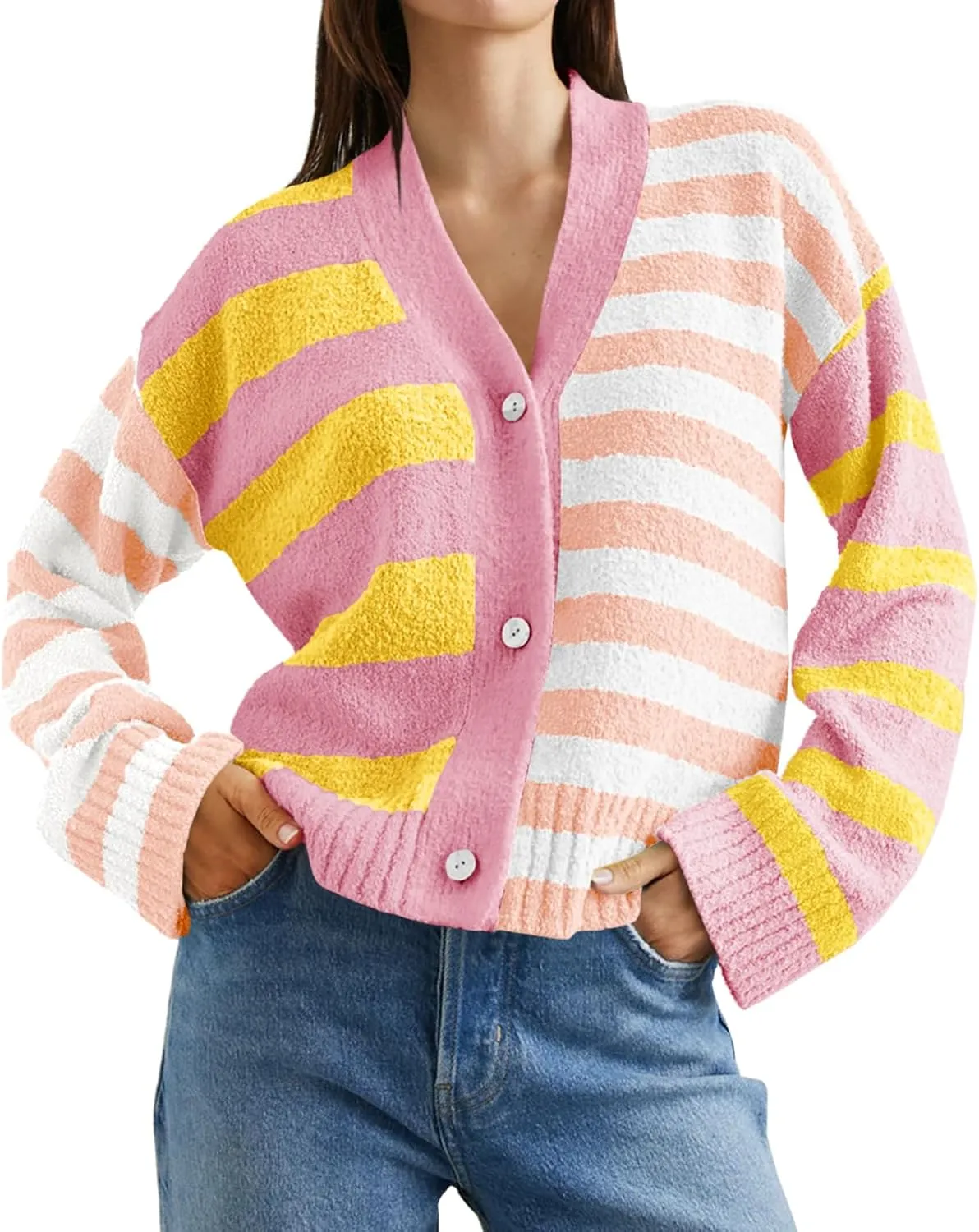 Saodimallsu Womens Striped Cardigan Sweaters V Neck Open Front Button Up Color Block Fuzzy Loose Knit Coats