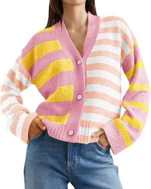 Saodimallsu Womens Striped Cardigan Sweaters V Neck Open Front Button Up Color Block Fuzzy Loose Knit Coats