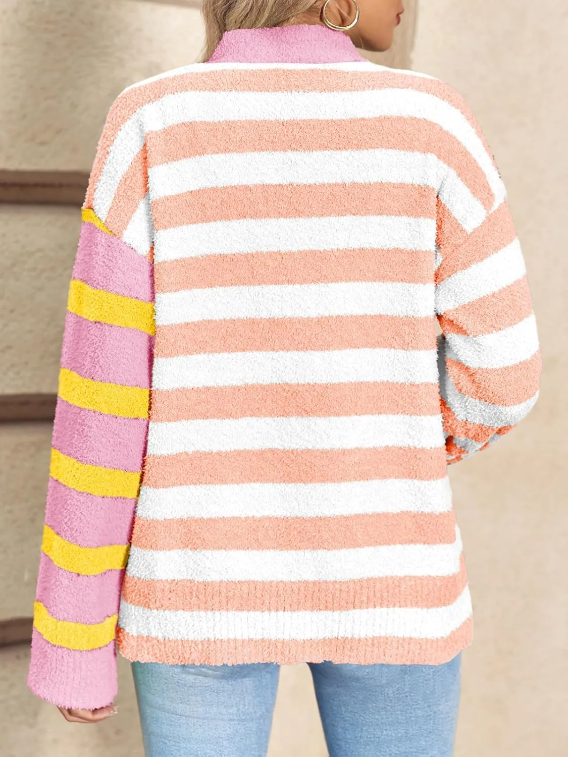 Saodimallsu Womens Striped Cardigan Sweaters V Neck Open Front Button Up Color Block Fuzzy Loose Knit Coats