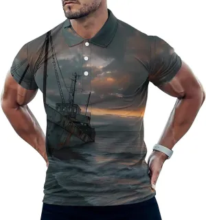 Shipwreck on The Ocean Beach at Sunset Mens Polo Shirts Quick Dry Short Sleeve T-shirts Slim Tennis Collared Tees Tops