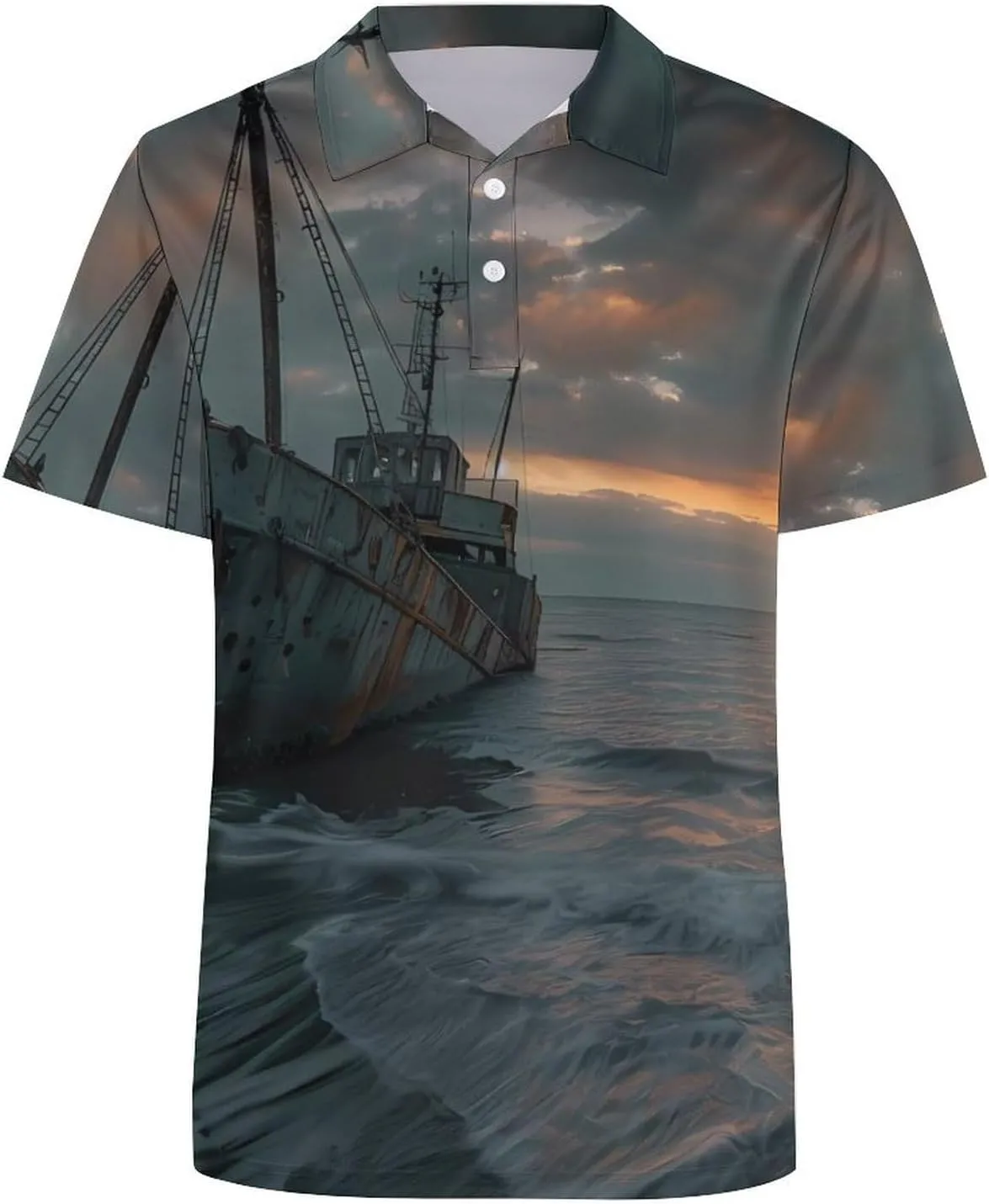 Shipwreck on The Ocean Beach at Sunset Mens Polo Shirts Quick Dry Short Sleeve T-shirts Slim Tennis Collared Tees Tops