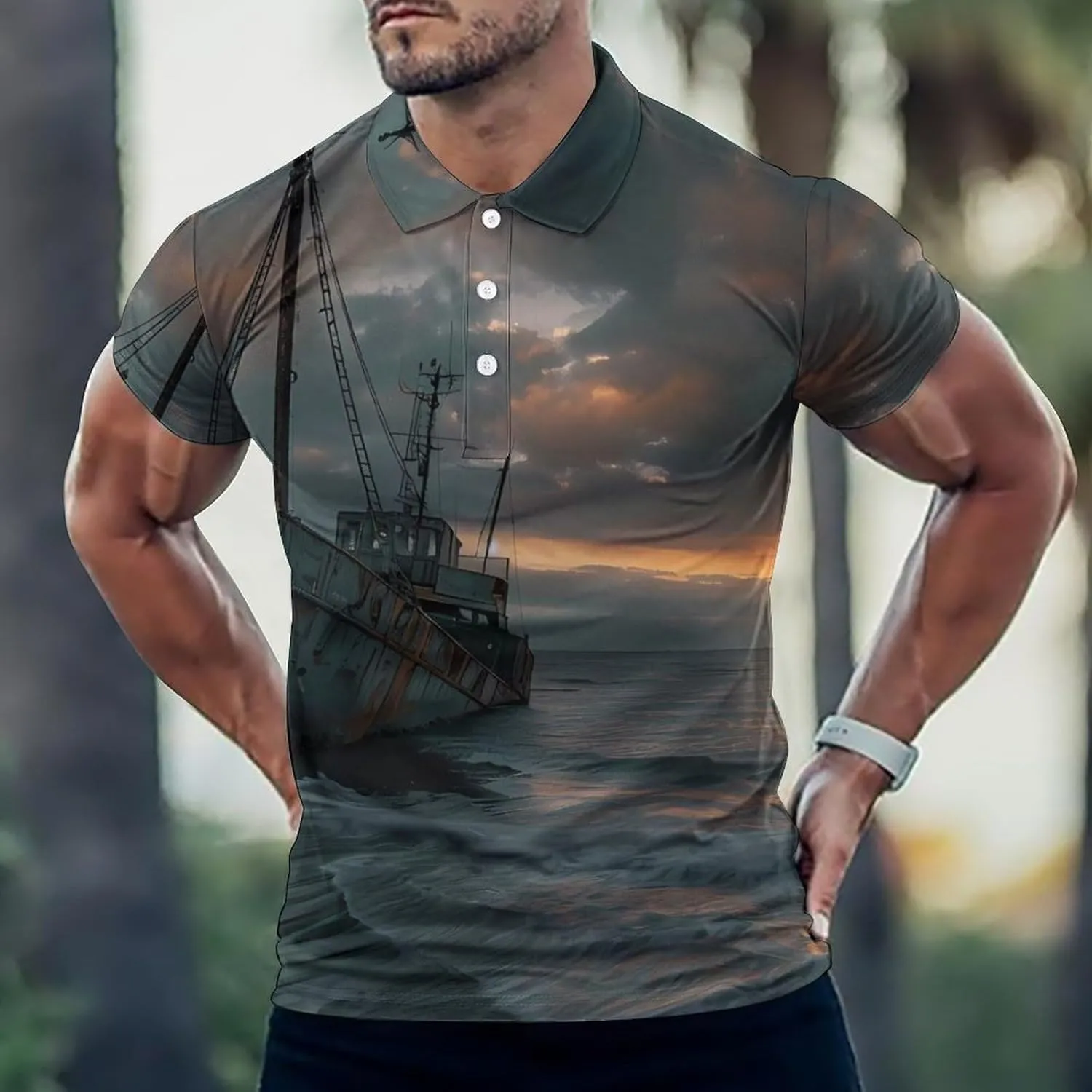 Shipwreck on The Ocean Beach at Sunset Mens Polo Shirts Quick Dry Short Sleeve T-shirts Slim Tennis Collared Tees Tops