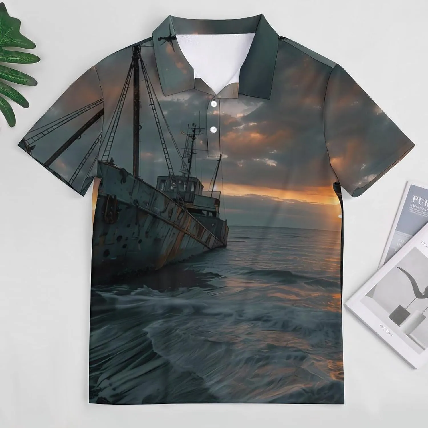 Shipwreck on The Ocean Beach at Sunset Mens Polo Shirts Quick Dry Short Sleeve T-shirts Slim Tennis Collared Tees Tops
