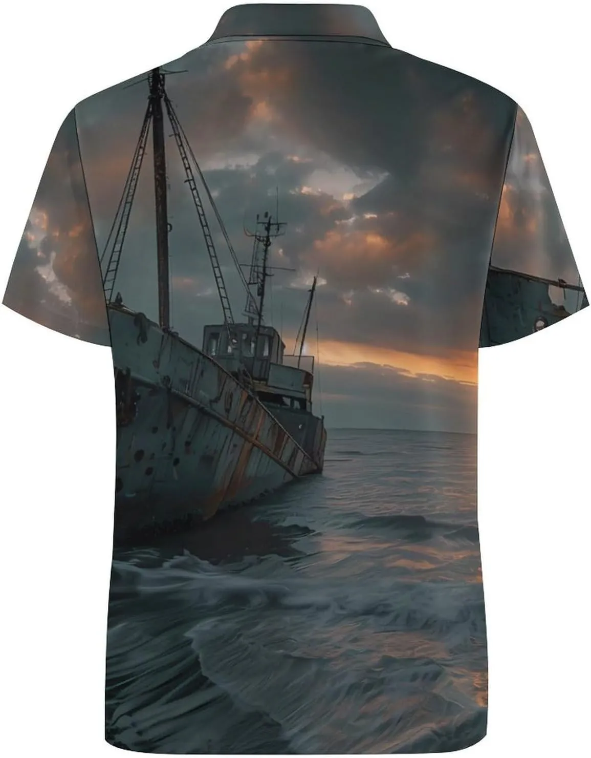 Shipwreck on The Ocean Beach at Sunset Mens Polo Shirts Quick Dry Short Sleeve T-shirts Slim Tennis Collared Tees Tops