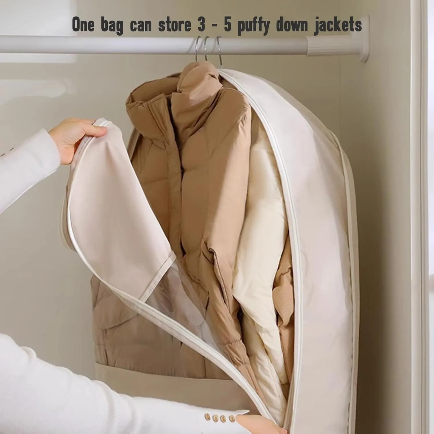 Space Saving Hanging Garment Bag, Space Saver Closet Organizers with Self Compression Zipper, Dust Cover Clothes Bags for Down Coat (A:35.4 * 22.83 * 5.9in, White)