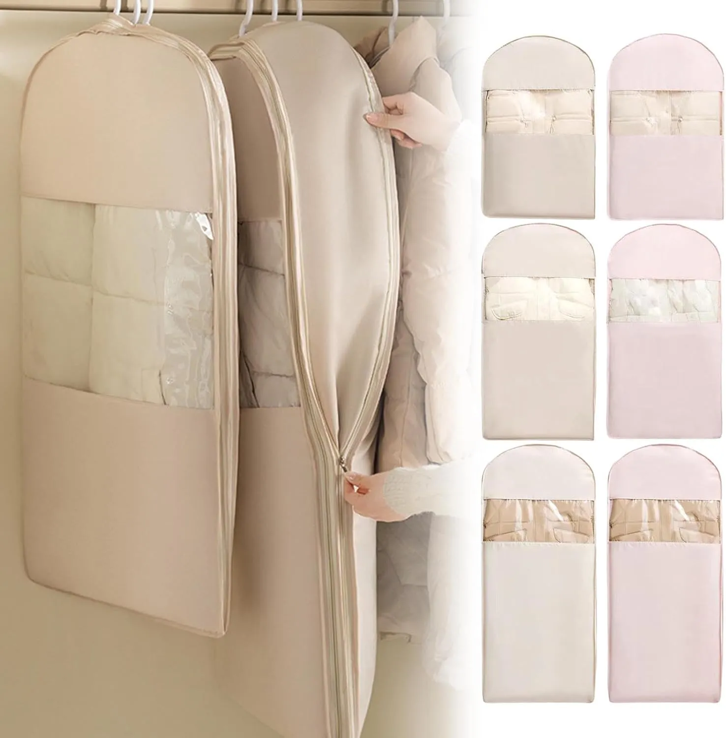 Space Saving Hanging Garment Bag, Space Saver Closet Organizers with Self Compression Zipper, Dust Cover Clothes Bags for Down Coat (A:35.4 * 22.83 * 5.9in, White)