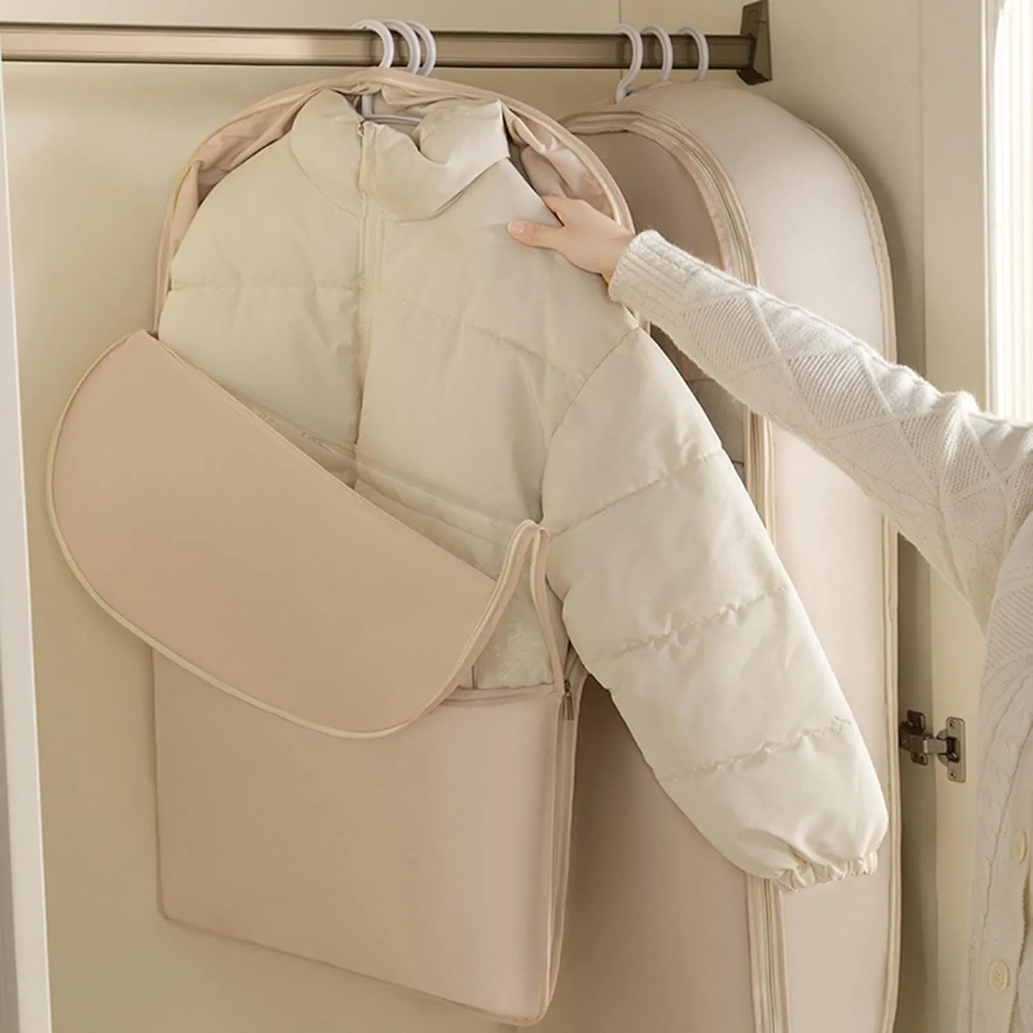 Space Saving Hanging Garment Bag, Space Saver Closet Organizers with Self Compression Zipper, Dust Cover Clothes Bags for Down Coat (A:35.4 * 22.83 * 5.9in, White)