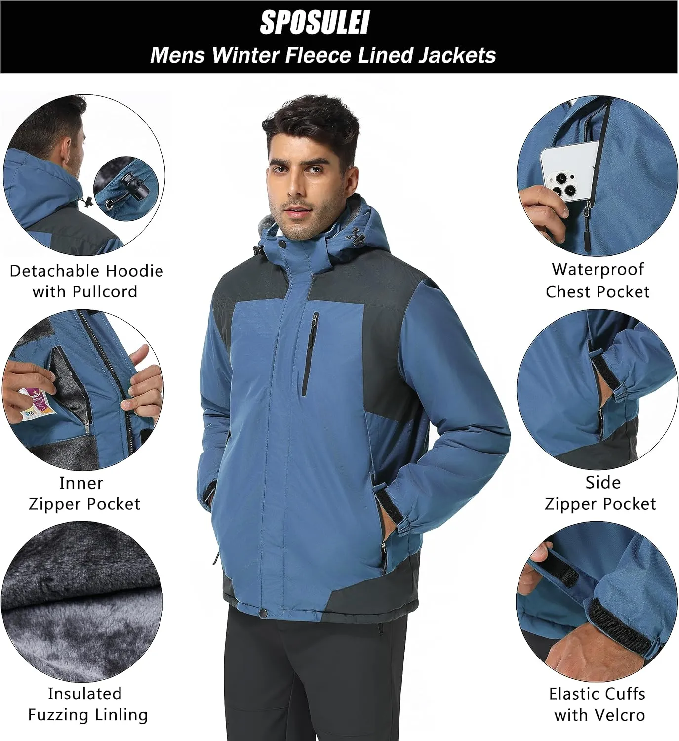SPOSULEI Mens Skiing Jackets with Hoode Snowboarding Waterproof Fleece Liner Coats Windproof Winter Raincoat Multi Pockets