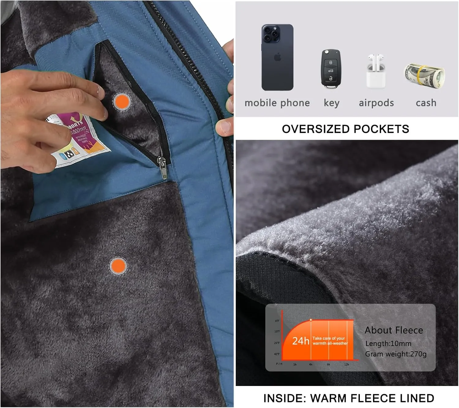 SPOSULEI Mens Skiing Jackets with Hoode Snowboarding Waterproof Fleece Liner Coats Windproof Winter Raincoat Multi Pockets
