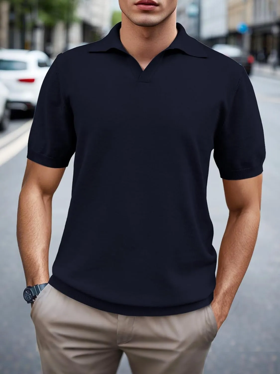 SuperPrity Mens Polo Shirts Short Sleeve V Neck Golf Shirts Casual Slim Fit Ribbed Collar T-Shirts