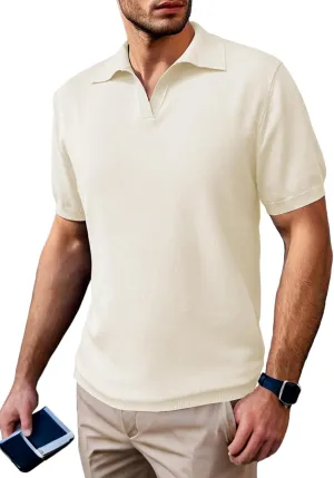 SuperPrity Mens Polo Shirts Short Sleeve V Neck Golf Shirts Casual Slim Fit Ribbed Collar T-Shirts