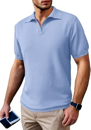 SuperPrity Mens Polo Shirts Short Sleeve V Neck Golf Shirts Casual Slim Fit Ribbed Collar T-Shirts