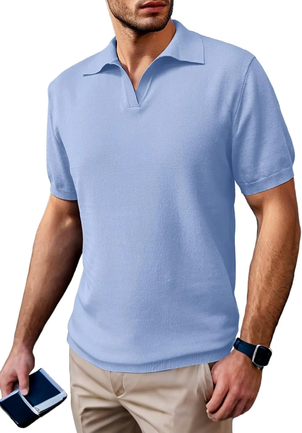 SuperPrity Mens Polo Shirts Short Sleeve V Neck Golf Shirts Casual Slim Fit Ribbed Collar T-Shirts