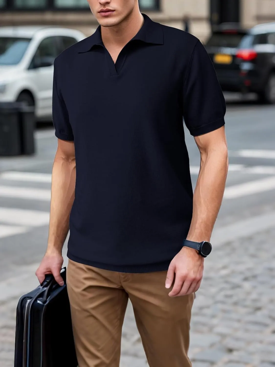 SuperPrity Mens Polo Shirts Short Sleeve V Neck Golf Shirts Casual Slim Fit Ribbed Collar T-Shirts