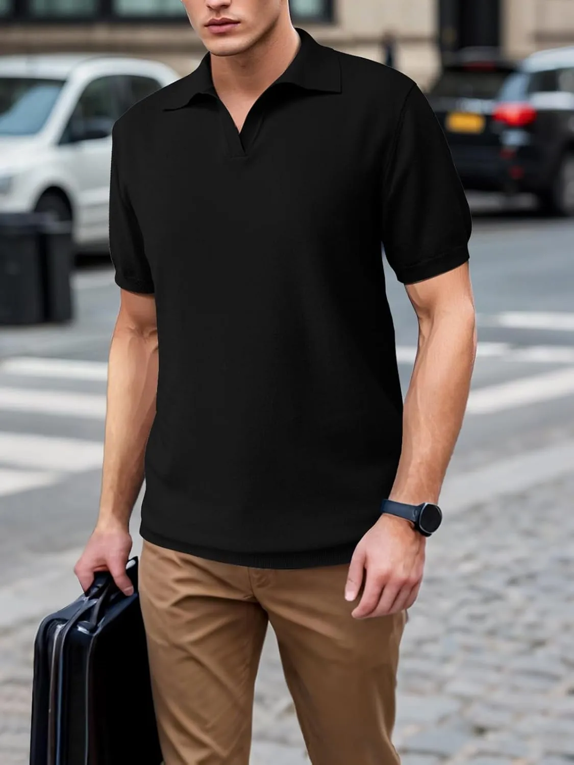 SuperPrity Mens Polo Shirts Short Sleeve V Neck Golf Shirts Casual Slim Fit Ribbed Collar T-Shirts