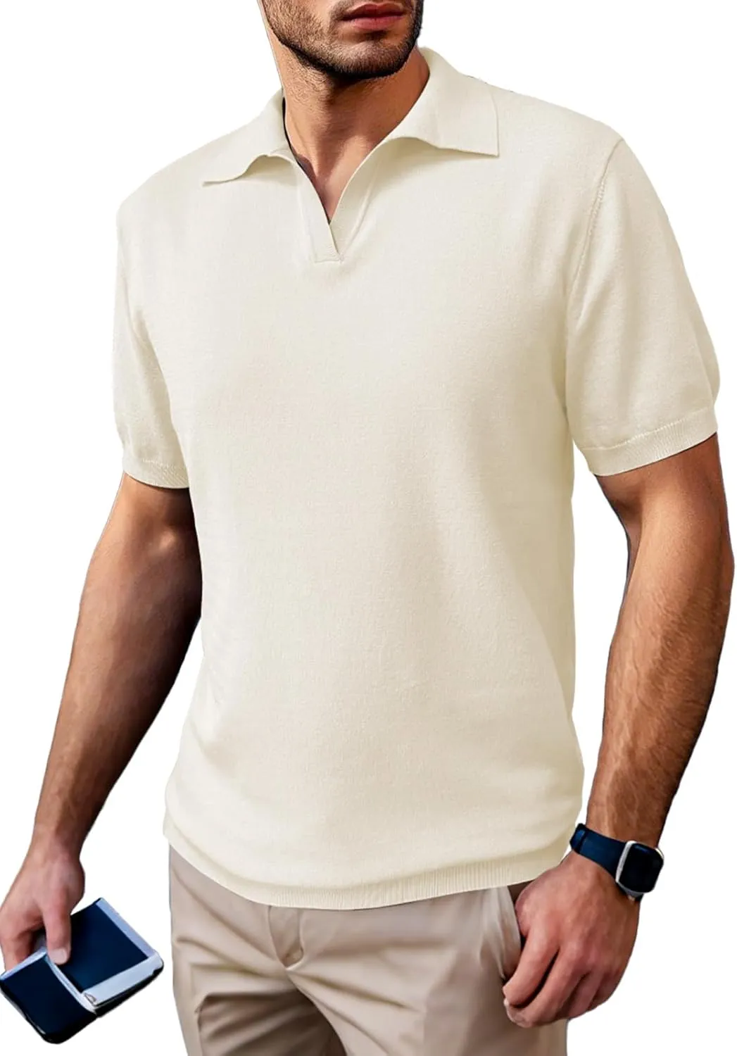 SuperPrity Mens Polo Shirts Short Sleeve V Neck Golf Shirts Casual Slim Fit Ribbed Collar T-Shirts