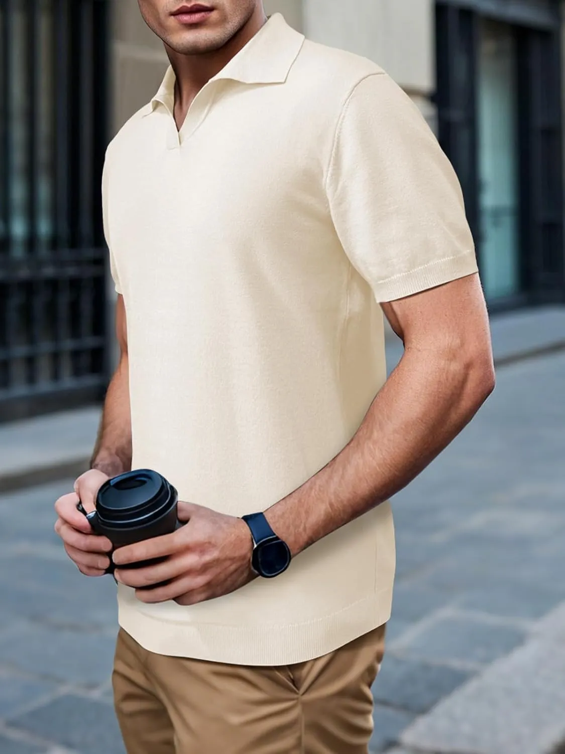 SuperPrity Mens Polo Shirts Short Sleeve V Neck Golf Shirts Casual Slim Fit Ribbed Collar T-Shirts