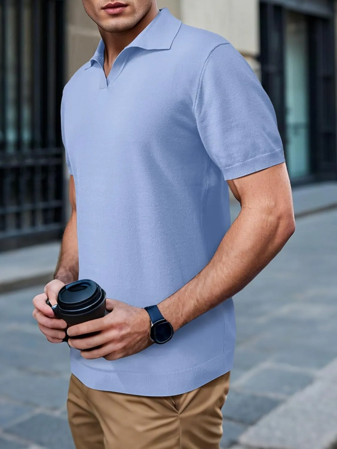 SuperPrity Mens Polo Shirts Short Sleeve V Neck Golf Shirts Casual Slim Fit Ribbed Collar T-Shirts
