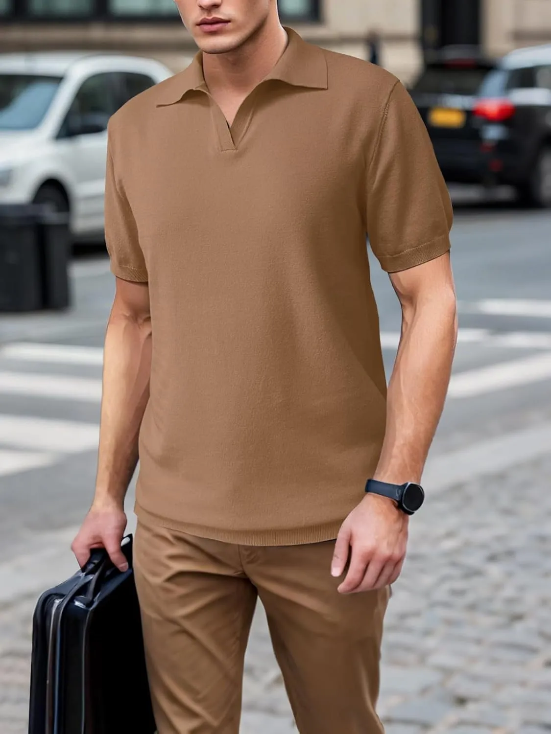 SuperPrity Mens Polo Shirts Short Sleeve V Neck Golf Shirts Casual Slim Fit Ribbed Collar T-Shirts