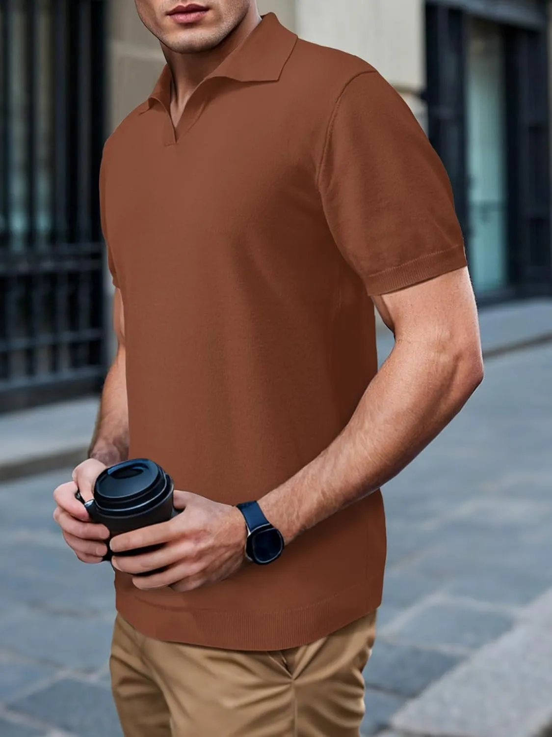 SuperPrity Mens Polo Shirts Short Sleeve V Neck Golf Shirts Casual Slim Fit Ribbed Collar T-Shirts