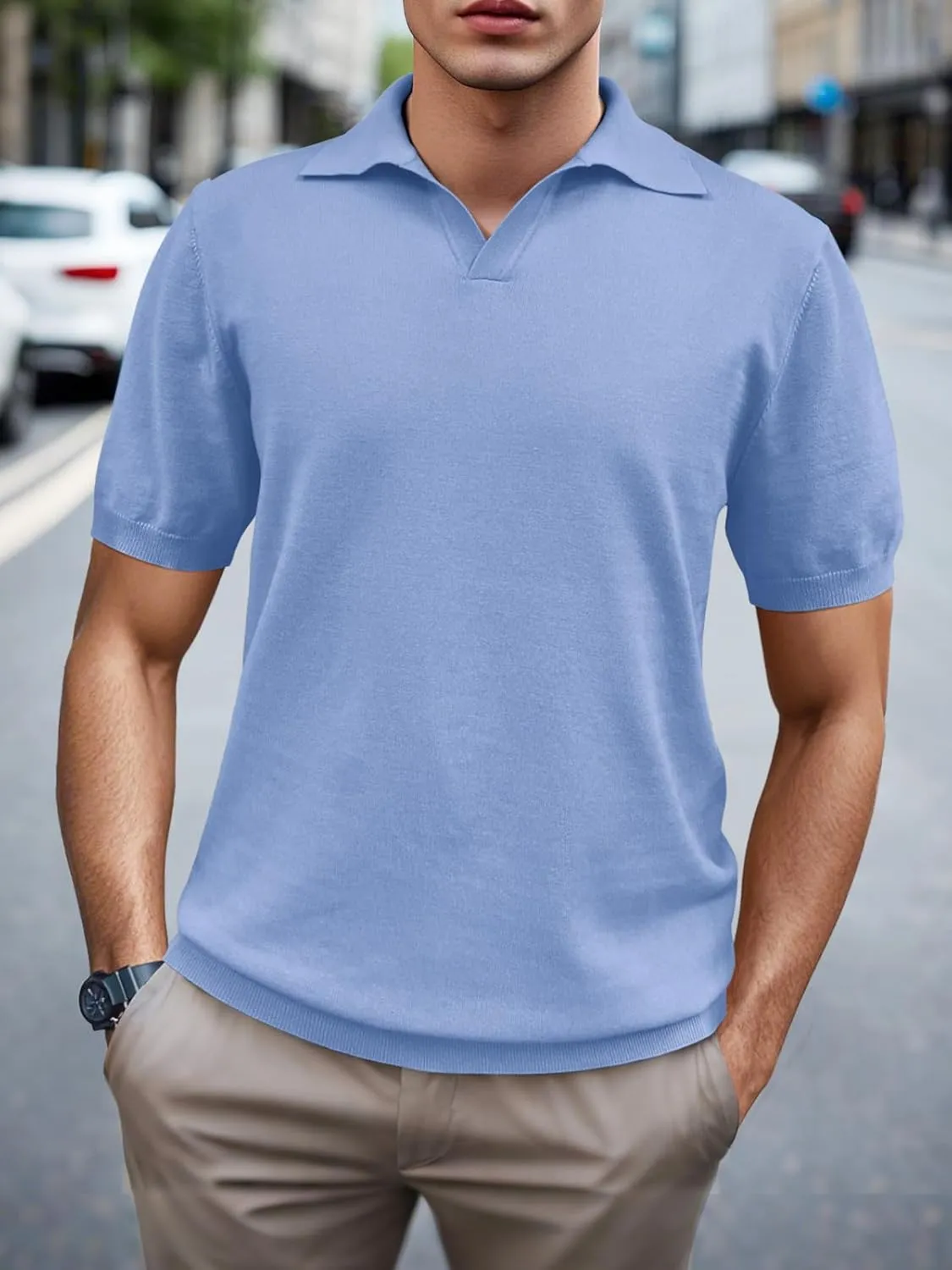 SuperPrity Mens Polo Shirts Short Sleeve V Neck Golf Shirts Casual Slim Fit Ribbed Collar T-Shirts