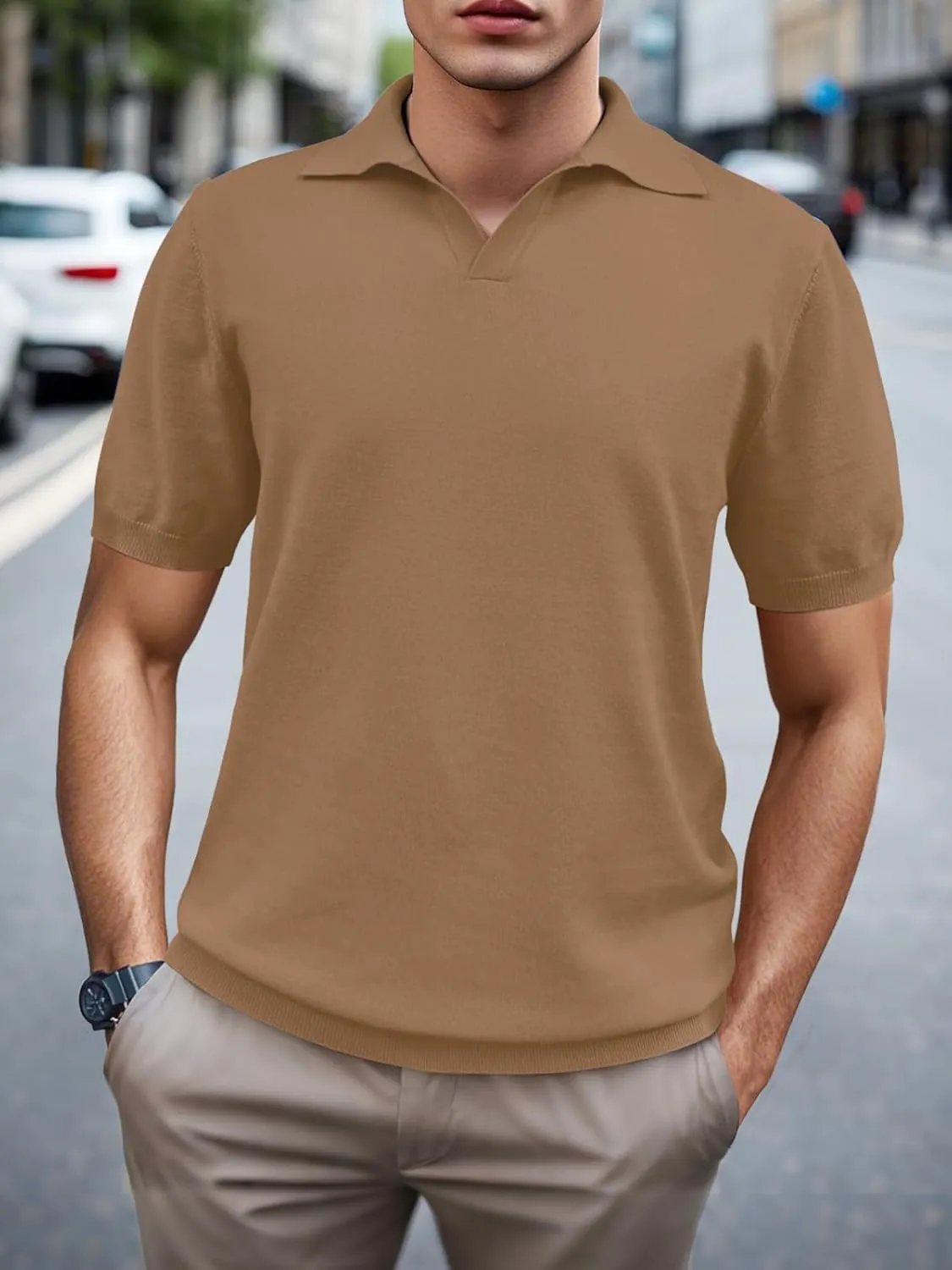 SuperPrity Mens Polo Shirts Short Sleeve V Neck Golf Shirts Casual Slim Fit Ribbed Collar T-Shirts