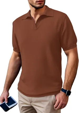 SuperPrity Mens Polo Shirts Short Sleeve V Neck Golf Shirts Casual Slim Fit Ribbed Collar T-Shirts