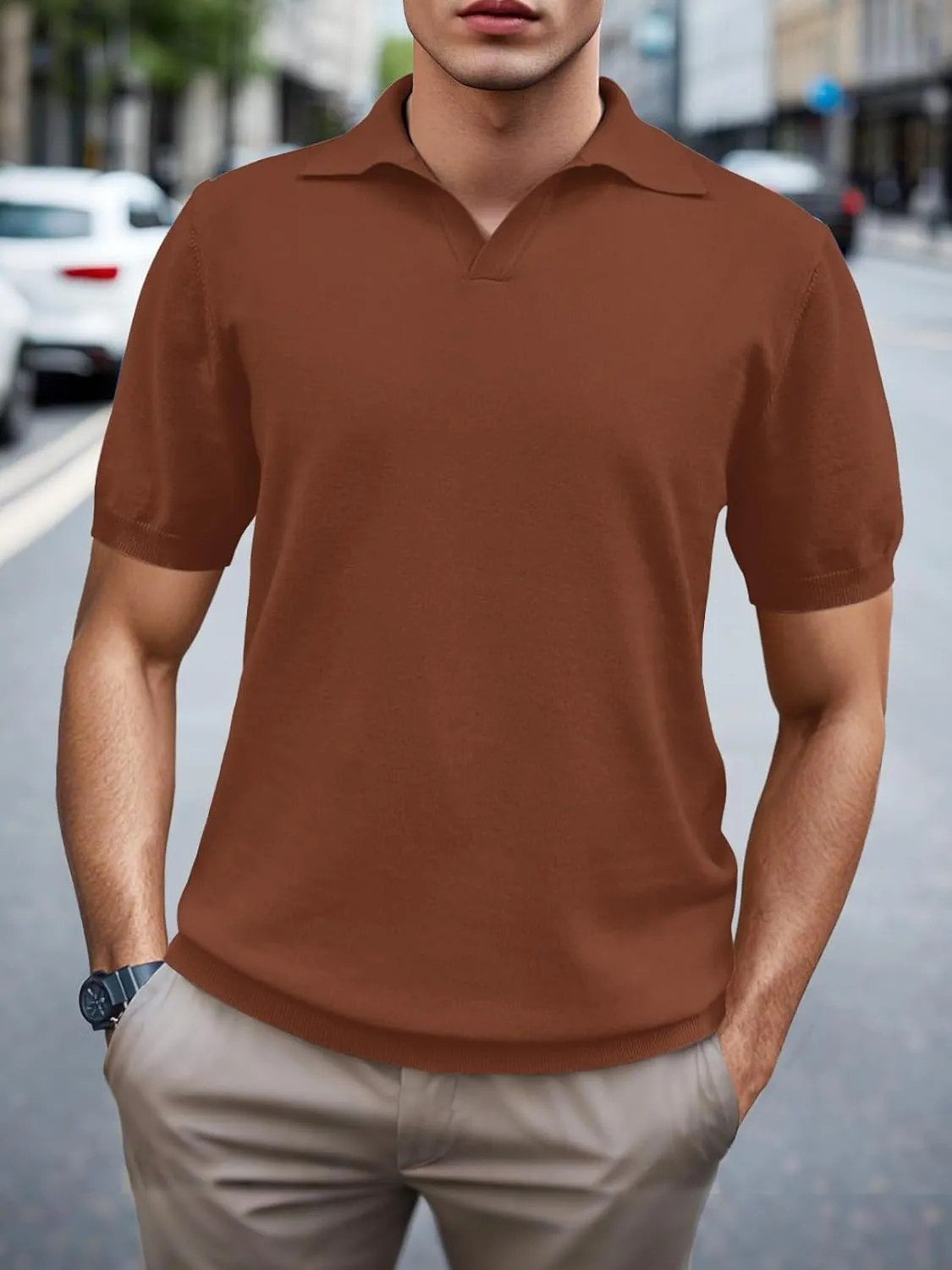 SuperPrity Mens Polo Shirts Short Sleeve V Neck Golf Shirts Casual Slim Fit Ribbed Collar T-Shirts