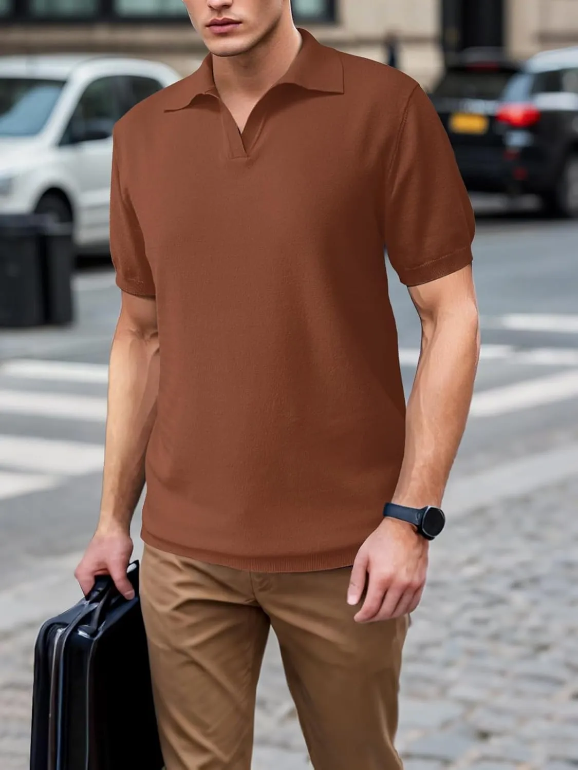 SuperPrity Mens Polo Shirts Short Sleeve V Neck Golf Shirts Casual Slim Fit Ribbed Collar T-Shirts