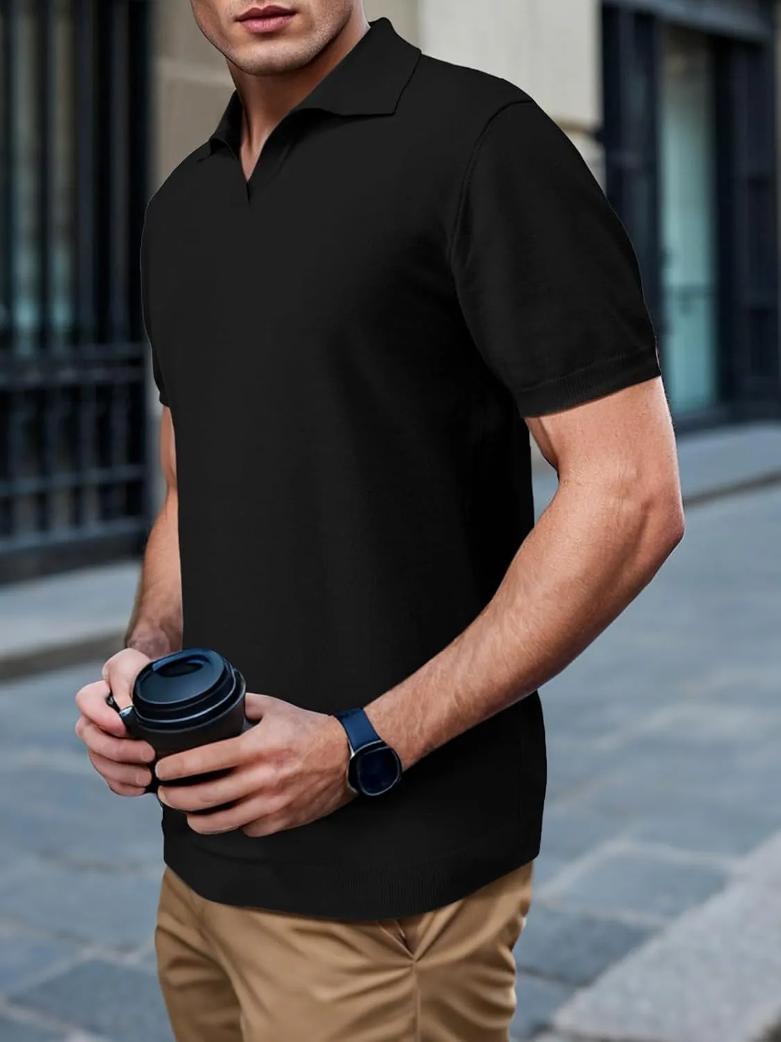 SuperPrity Mens Polo Shirts Short Sleeve V Neck Golf Shirts Casual Slim Fit Ribbed Collar T-Shirts