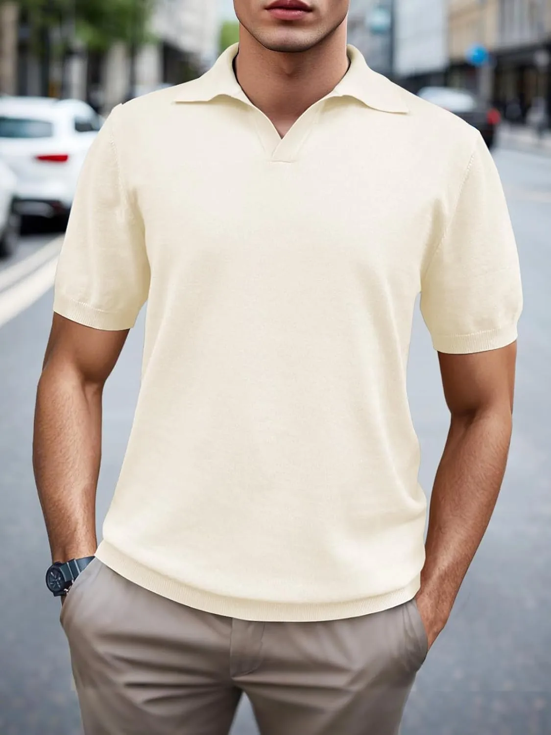 SuperPrity Mens Polo Shirts Short Sleeve V Neck Golf Shirts Casual Slim Fit Ribbed Collar T-Shirts