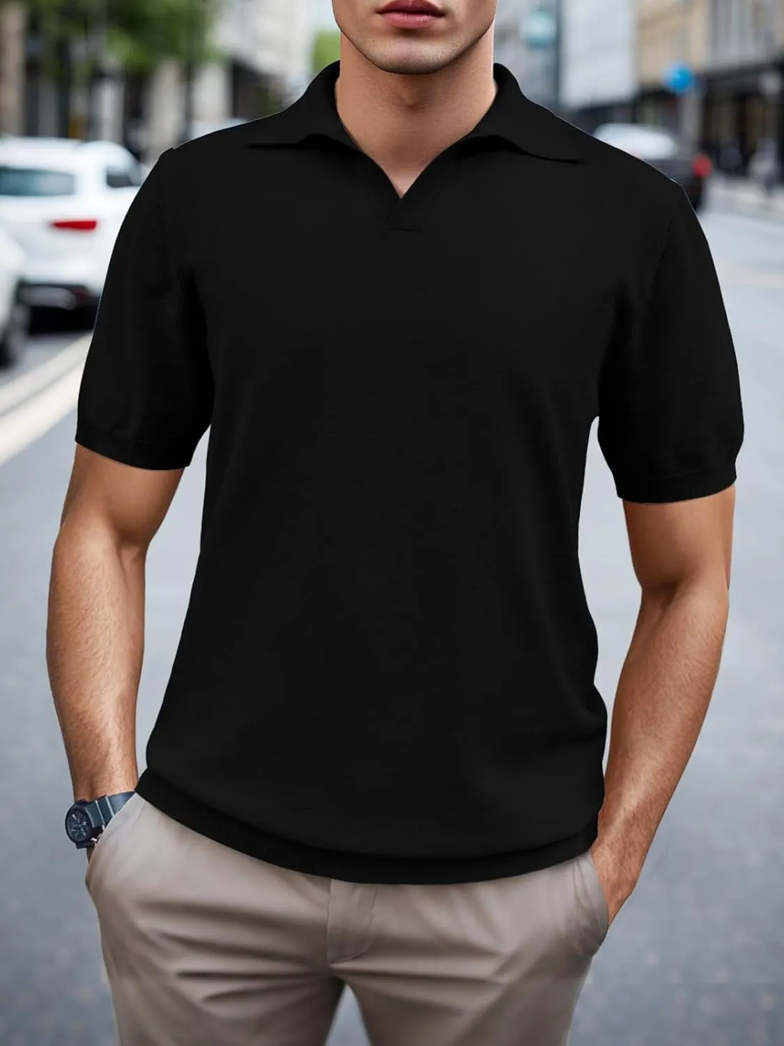 SuperPrity Mens Polo Shirts Short Sleeve V Neck Golf Shirts Casual Slim Fit Ribbed Collar T-Shirts