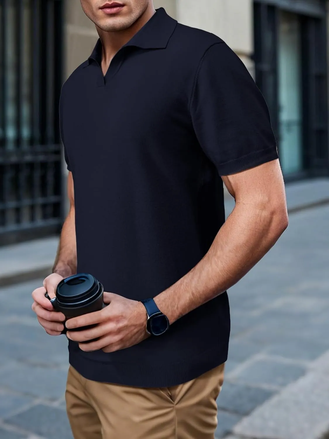 SuperPrity Mens Polo Shirts Short Sleeve V Neck Golf Shirts Casual Slim Fit Ribbed Collar T-Shirts