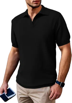 SuperPrity Mens Polo Shirts Short Sleeve V Neck Golf Shirts Casual Slim Fit Ribbed Collar T-Shirts