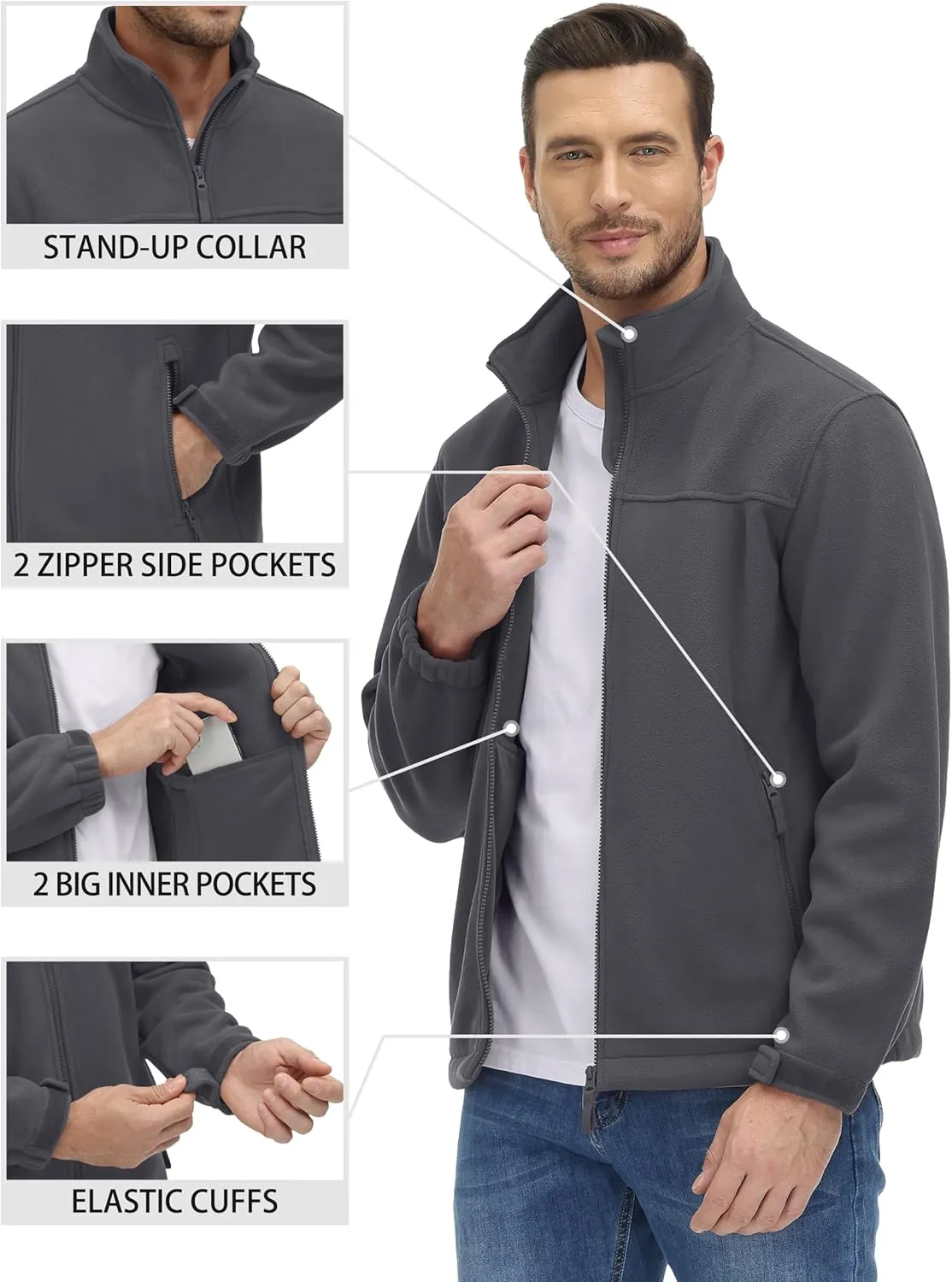 TACVASEN Men's Polar Fleece Jackets Lightweight Soft Winter Thermal Coats Outdoor Windproof Zip Up Jacket with Pockets