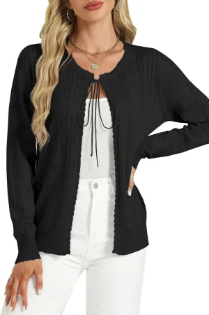 Tanou Women's Long Sleeve Tie Front Casual Fall Eyelet Embroidery Lightweight Shrug Cardigan Sweaters