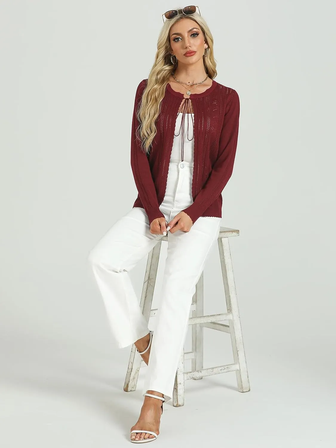 Tanou Women's Long Sleeve Tie Front Casual Fall Eyelet Embroidery Lightweight Shrug Cardigan Sweaters