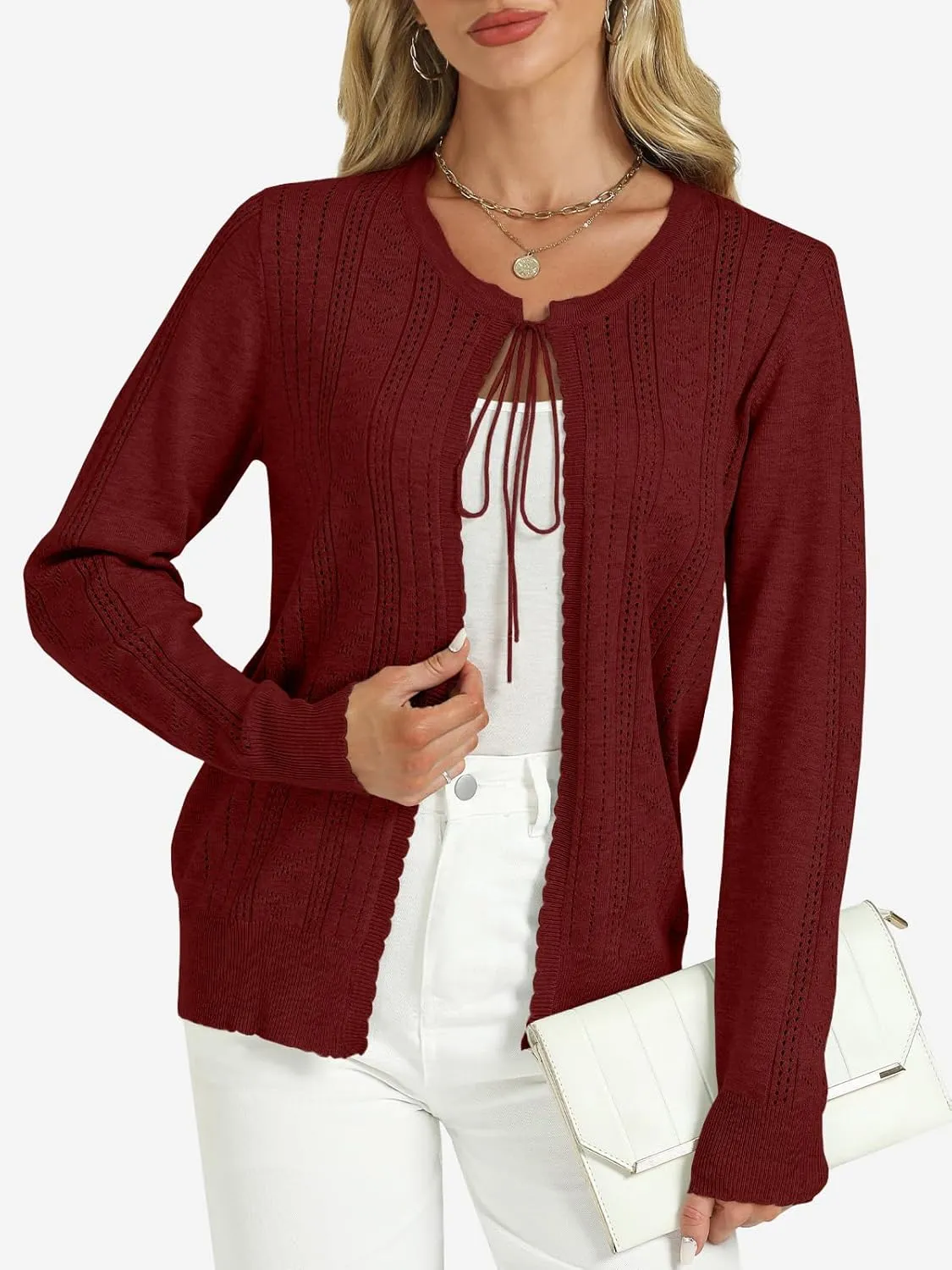 Tanou Women's Long Sleeve Tie Front Casual Fall Eyelet Embroidery Lightweight Shrug Cardigan Sweaters