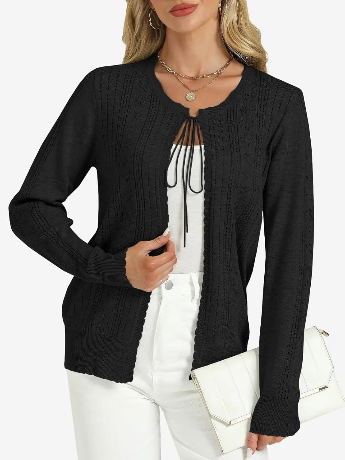 Tanou Women's Long Sleeve Tie Front Casual Fall Eyelet Embroidery Lightweight Shrug Cardigan Sweaters