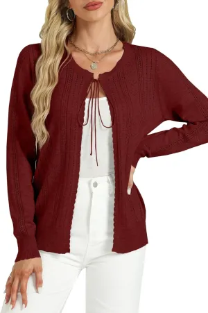 Tanou Women's Long Sleeve Tie Front Casual Fall Eyelet Embroidery Lightweight Shrug Cardigan Sweaters