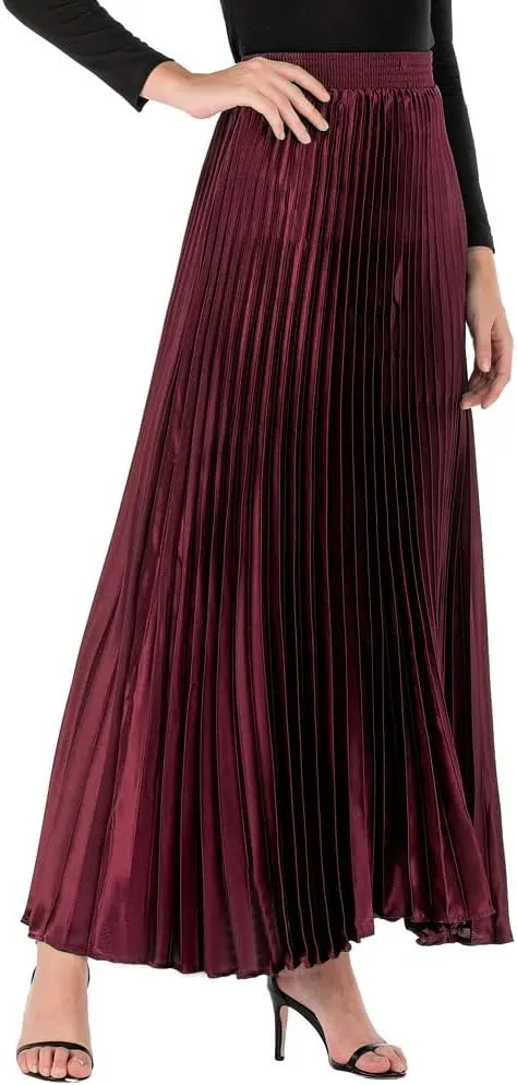 TONCHENGSD Women's High Elastic Waist Satin Metallic Pleated Accordion Swing Long Maxi Skirt