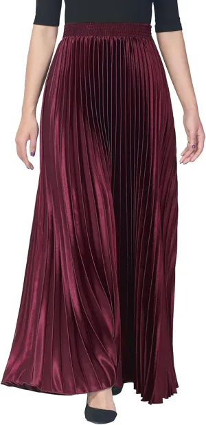TONCHENGSD Women's High Elastic Waist Satin Metallic Pleated Accordion Swing Long Maxi Skirt
