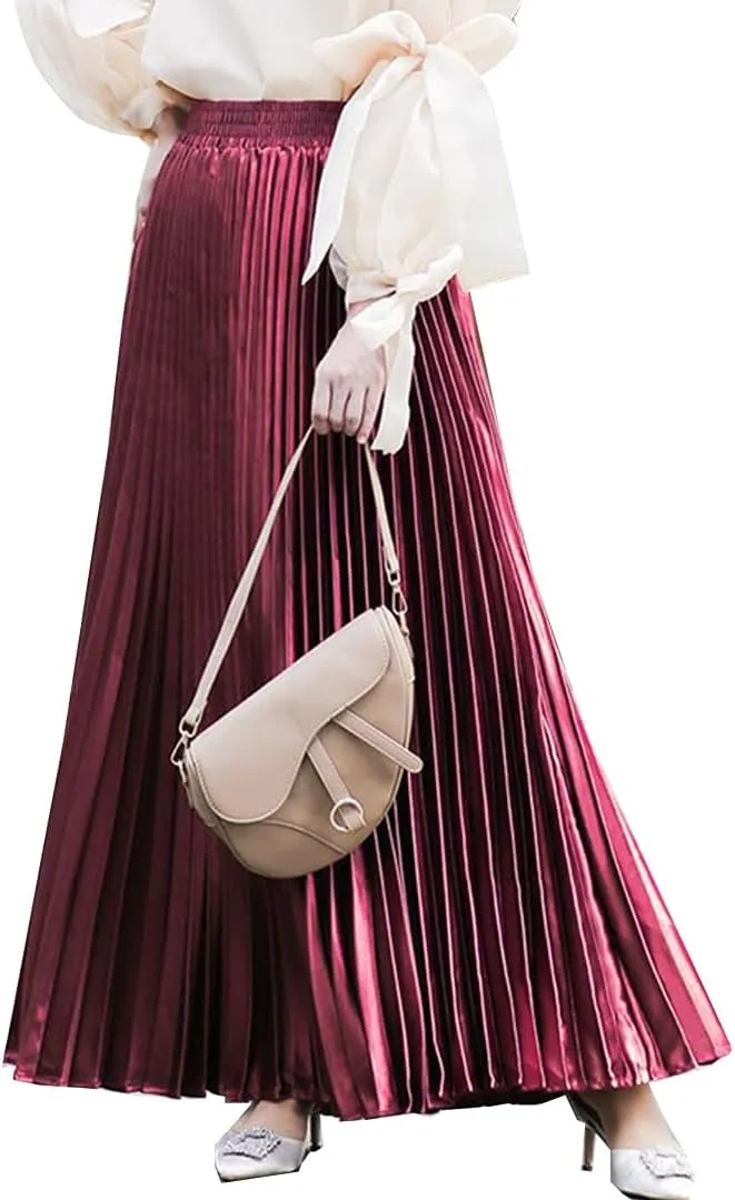 TONCHENGSD Women's High Elastic Waist Satin Metallic Pleated Accordion Swing Long Maxi Skirt