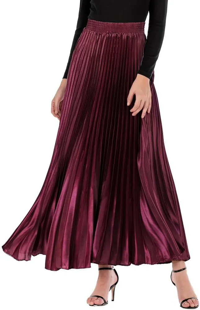 TONCHENGSD Women's High Elastic Waist Satin Metallic Pleated Accordion Swing Long Maxi Skirt