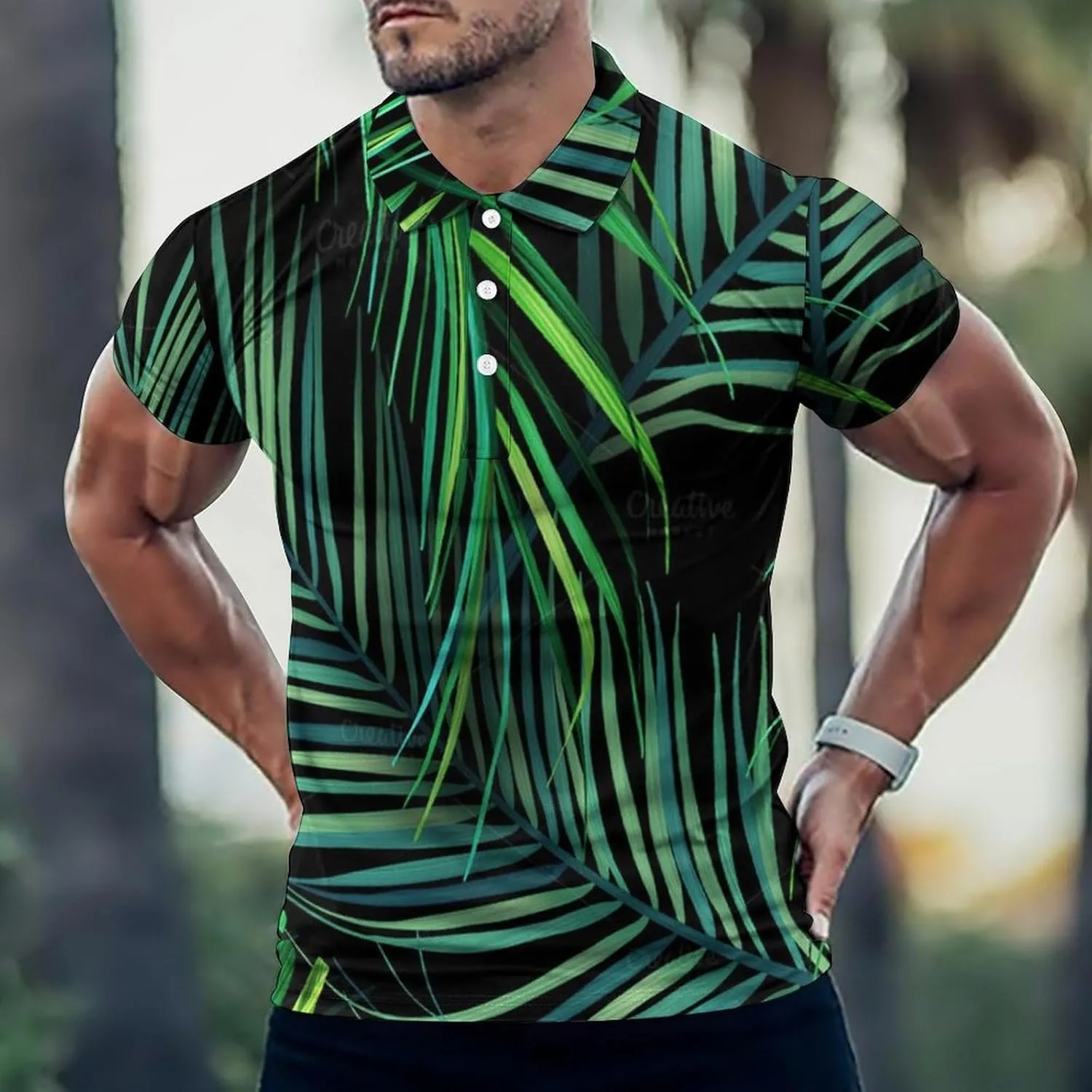 Tropical Palm Leaf Mens Polo Shirts Quick Dry Short Sleeve T-shirts Slim Tennis Collared Tees Tops