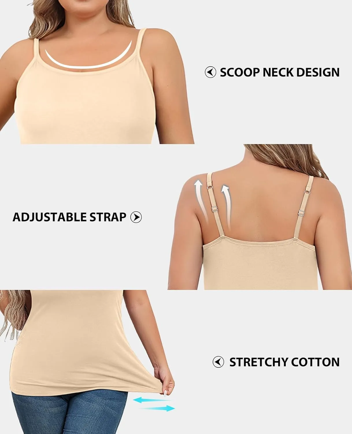 V FOR CITY Plus Size Camisole for Women with Shelf Bra Adjustable Spaghetti Strap Cami Tank Top Cotton Undershirts 1X-5X