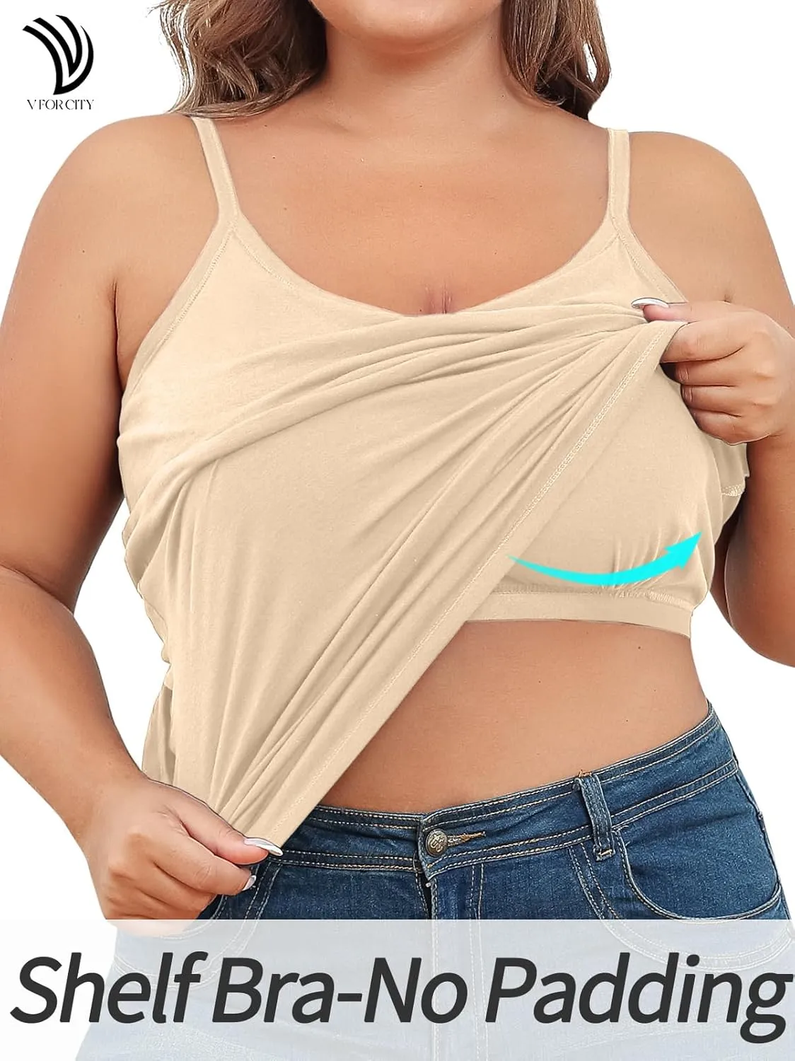 V FOR CITY Plus Size Camisole for Women with Shelf Bra Adjustable Spaghetti Strap Cami Tank Top Cotton Undershirts 1X-5X