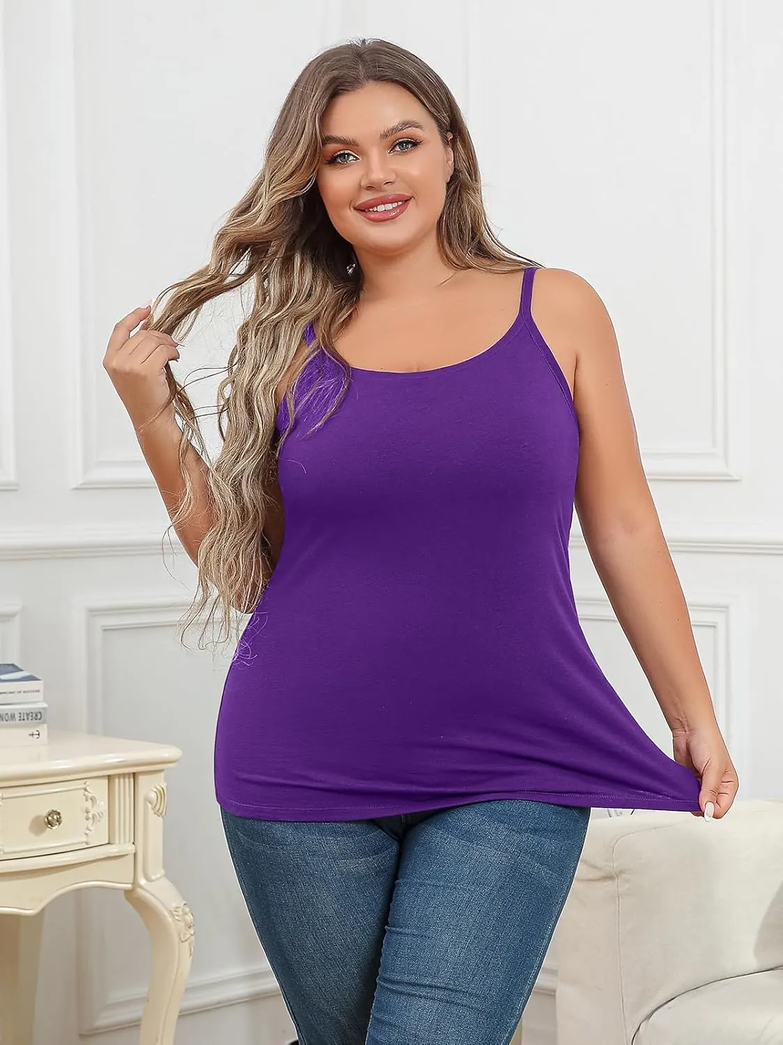 V FOR CITY Plus Size Camisole for Women with Shelf Bra Adjustable Spaghetti Strap Cami Tank Top Cotton Undershirts 1X-5X