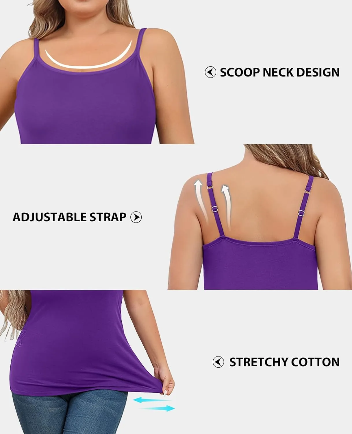 V FOR CITY Plus Size Camisole for Women with Shelf Bra Adjustable Spaghetti Strap Cami Tank Top Cotton Undershirts 1X-5X