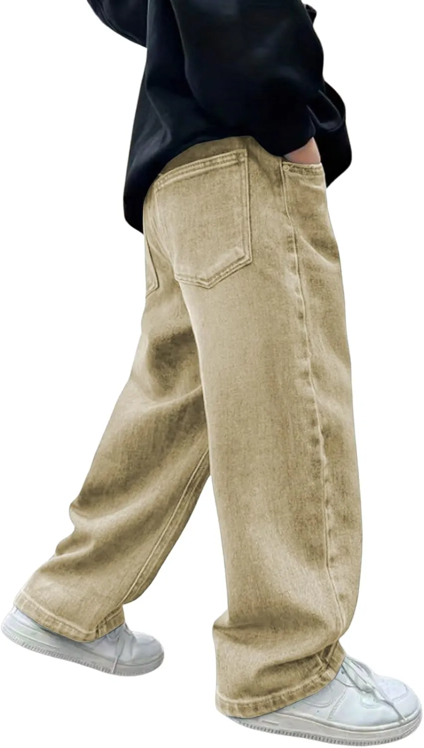 Verdusa Boy's Casual Straight Leg Baggy Jeans Elastic Waist Loose Denim Pants with Pockets